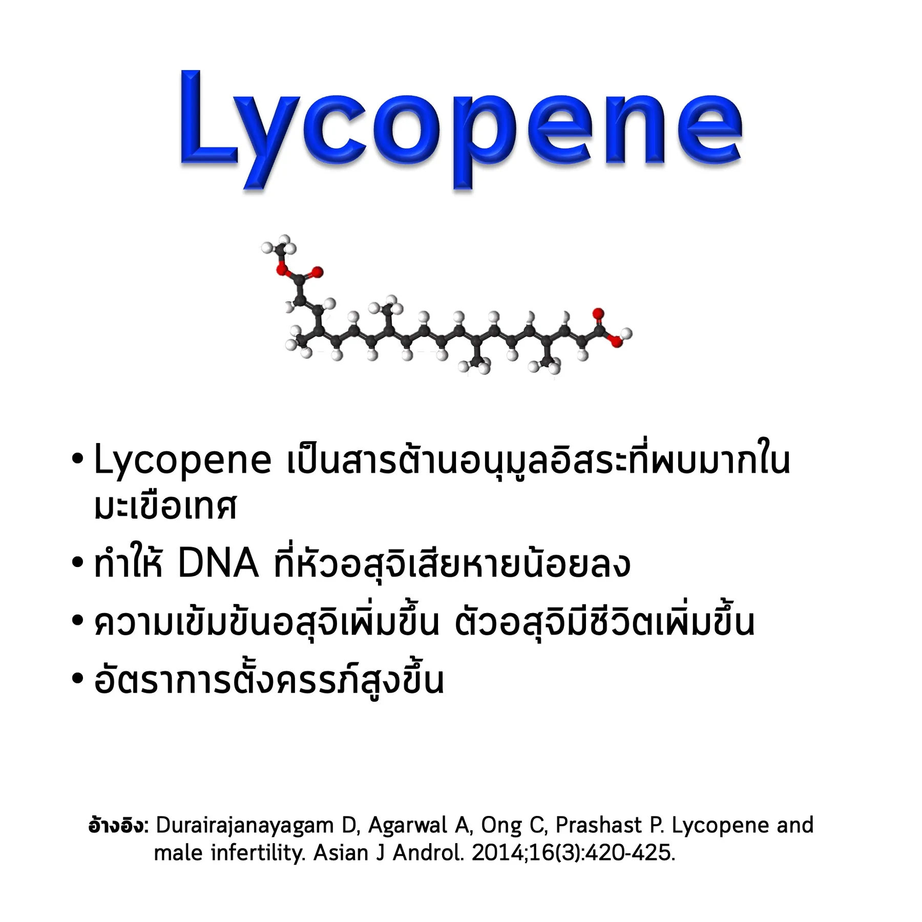 สไลด์ Lycopene: โครงสร้างโมเลกุล ประโยชน์ต่ออสุจิ และงานวิจัยที่อ้างอิง (Durairajanayagam และคณะ 2014)