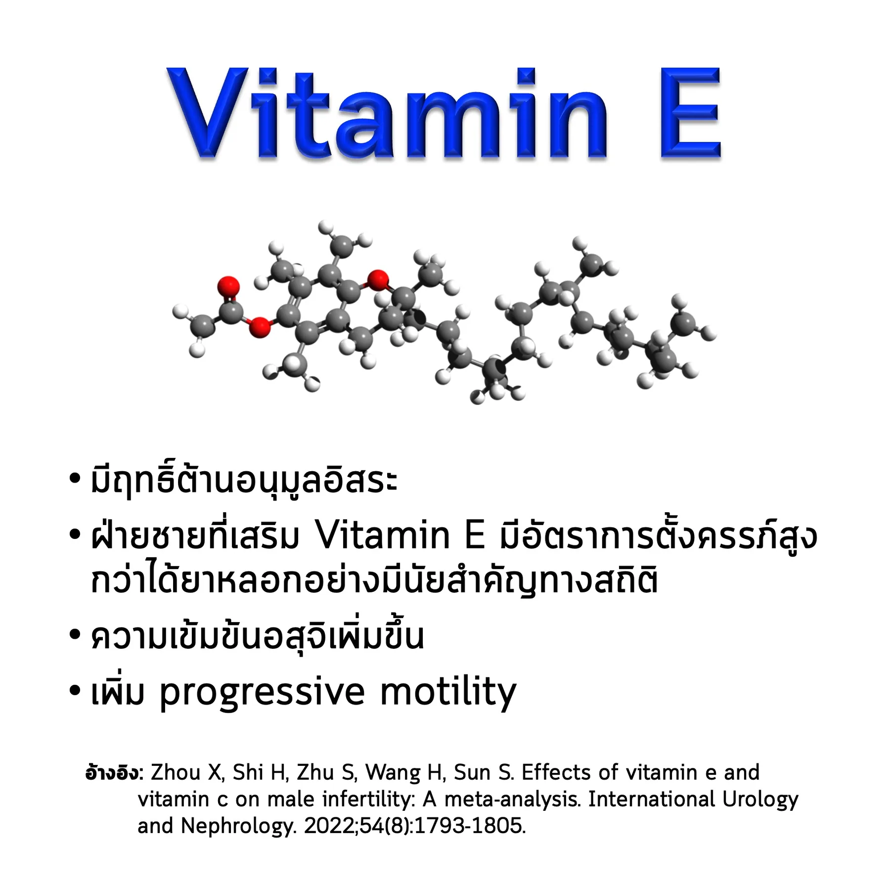 สไลด์ Vitamin E: โครงสร้างโมเลกุล ประโยชน์ต่ออสุจิ และงานวิจัยที่อ้างอิง (Zhou และคณะ 2022)
