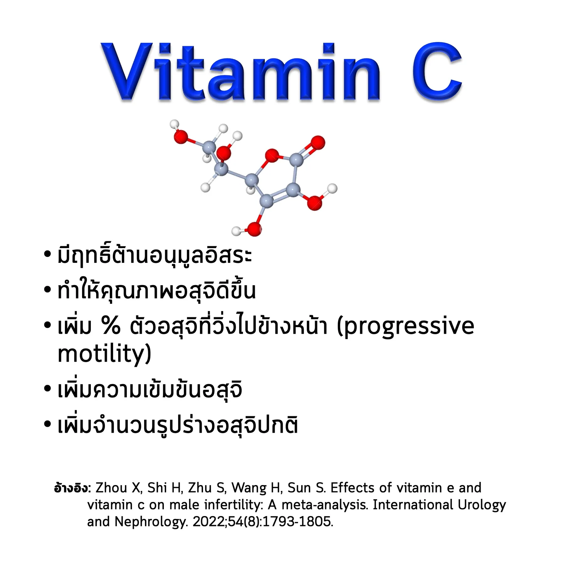 สไลด์ Vitamin C: โครงสร้างโมเลกุล ประโยชน์ต่ออสุจิ และงานวิจัยที่อ้างอิง (Zhou และคณะ 2022)