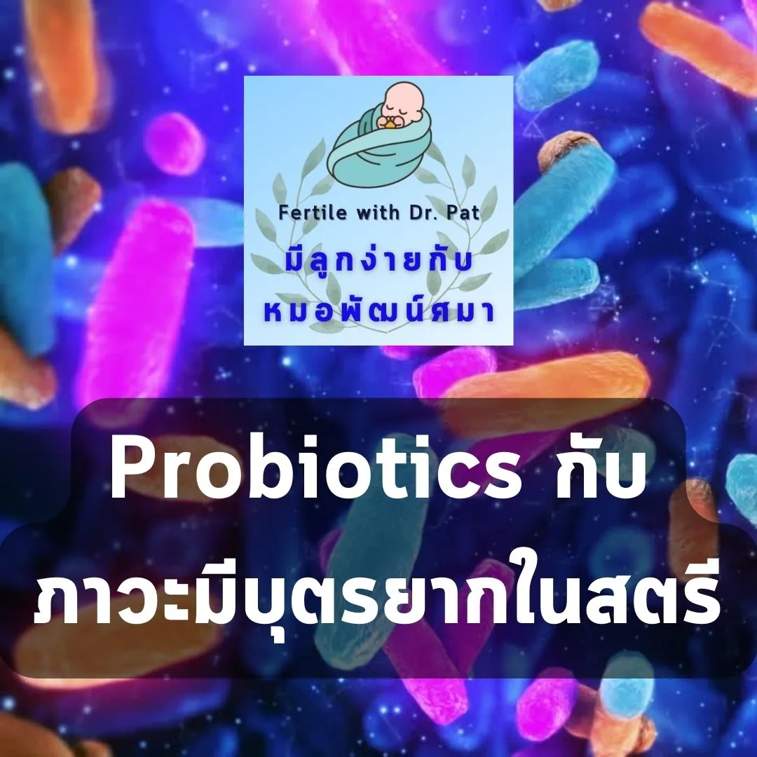 การ์ดเปิดบทความ — “Probiotics กับภาวะมีบุตรยากในสตรี” บนพื้นหลังภาพแบคทีเรียหลากสีที่ขยายใหญ่