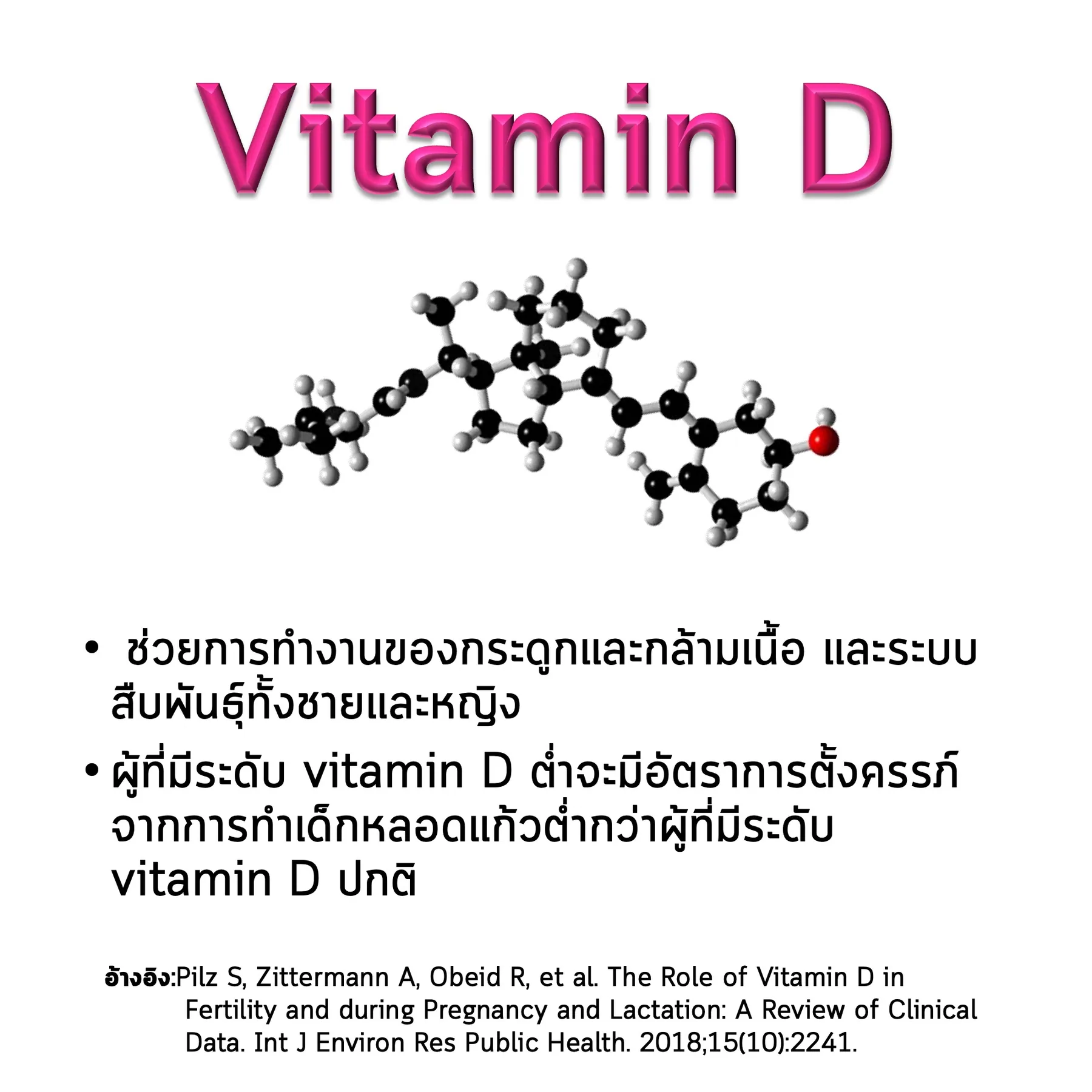 สไลด์ Vitamin D: โครงสร้างโมเลกุล บทบาทต่อระบบสืบพันธุ์ และงานวิจัยที่อ้างอิง (Pilz และคณะ, 2018)