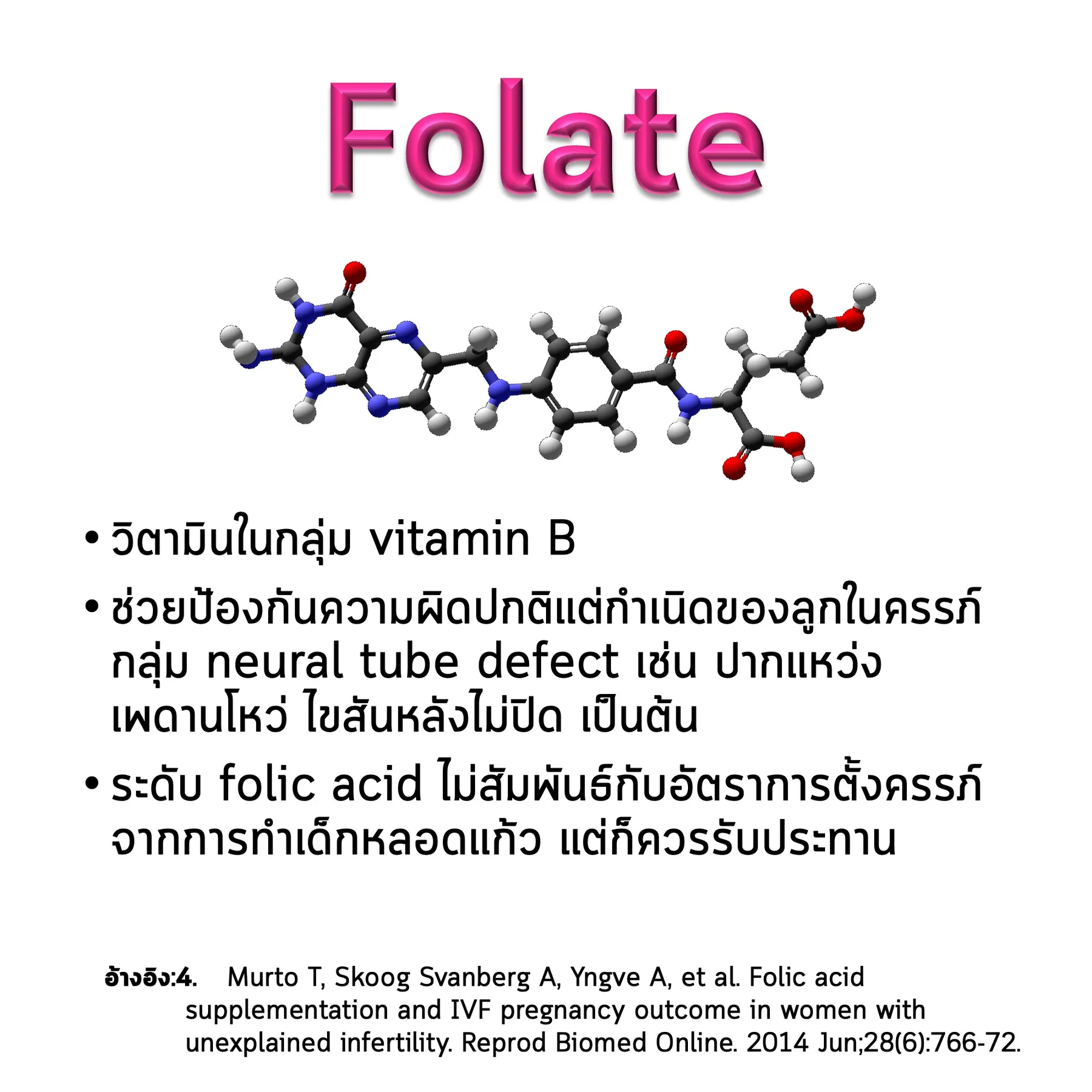 สไลด์ Folate: โครงสร้างโมเลกุล ประโยชน์ในการป้องกันความผิดปกติแต่กำเนิด และงานวิจัยที่อ้างอิง (Murto และคณะ, 2014)